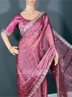 Mauve Pink Embroidered Saree with Silver Accents & stitched blouse (Brand New)